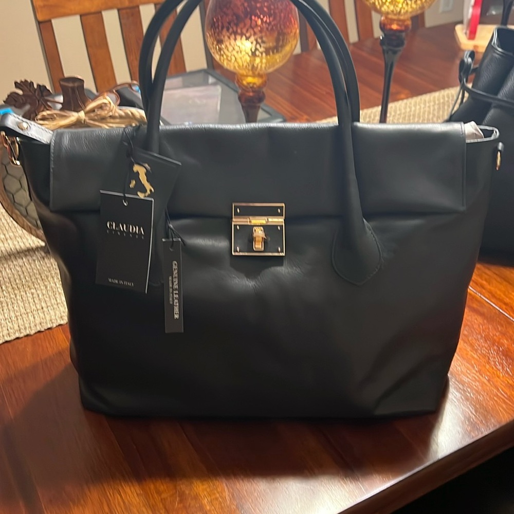 Claudia black genuine leather tote/work bag NWT